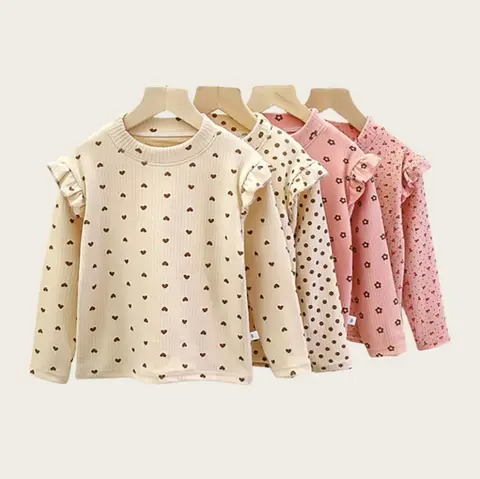 2-10T Baby girl clothes Long Sleeved Undershirt Cute Floral Dots T-shirt Sweet Children girl blouse