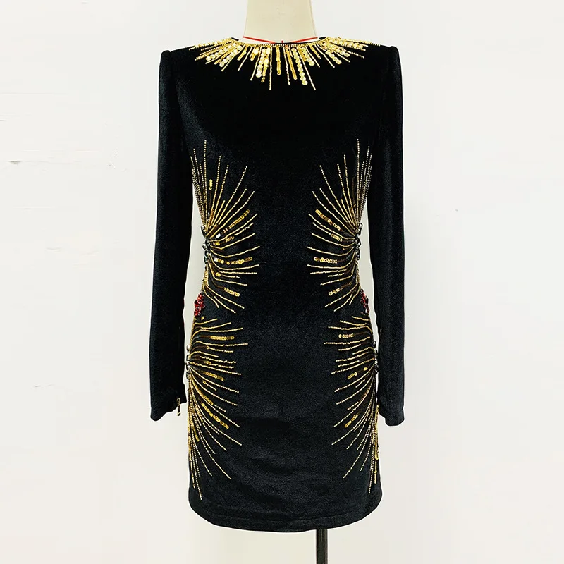 New Women Dress Luxury Birthday Ball Dress Velvet Round Neck Beaded Sequins Gold Velvet Long Sleeves