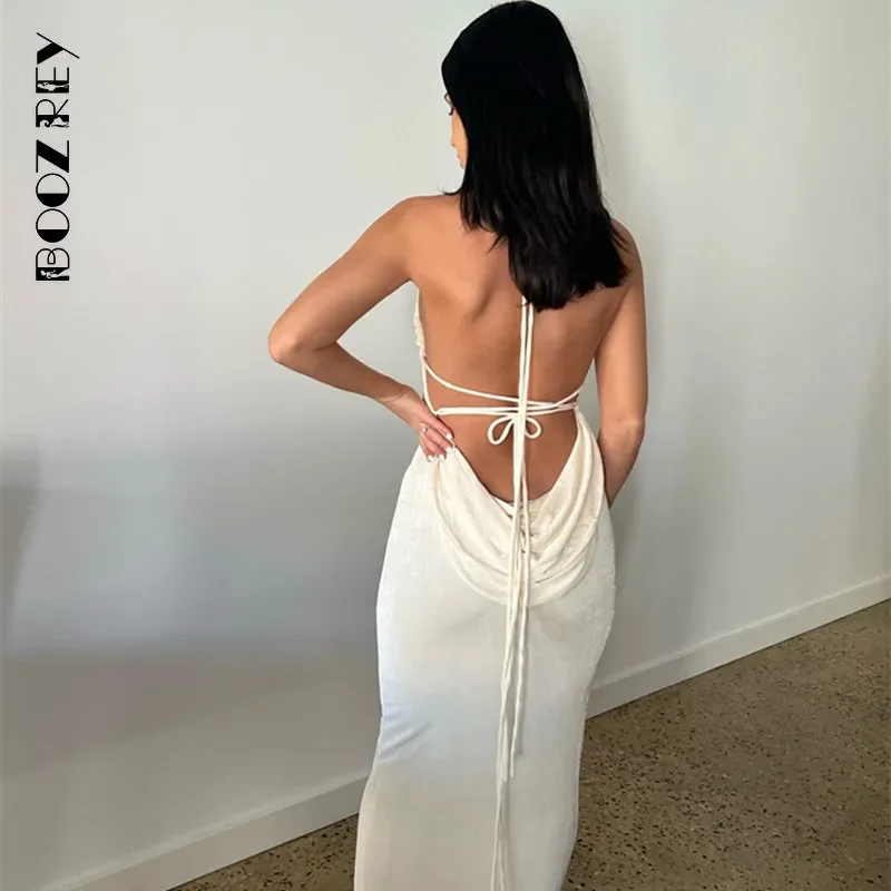 BoozRey Halter Sexy Backless Draped Maxi Dress for Women 2022 Summer Elegant Fashion Party Long Straps Shift Dresses Clothes