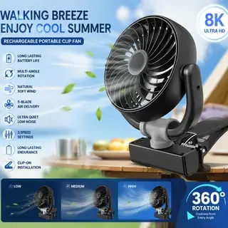 2026 New Upgrade Car Cooling Clamp Fan Brushless Motor USB Rechargeable Fan 3 Speed Wind Rotatable Portable 5 Leaves