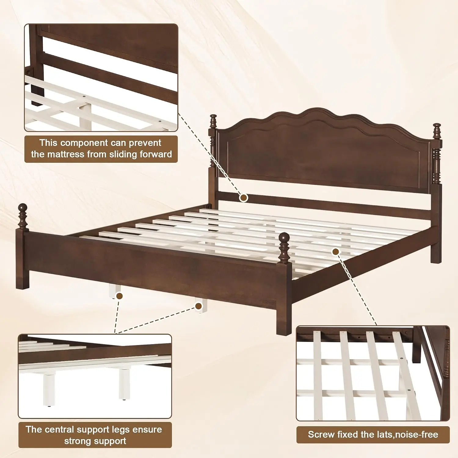 Vintage Wood Platform Bed Frame Spindle Post Curved Headboard No Box Spring Needed King Size, Customized image 6