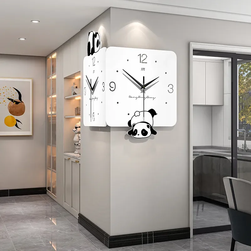 for Creative Panda Double Sided Wall Clock No Punching Simple Household Decoration Living Room Corner Advanced Feeling Wall