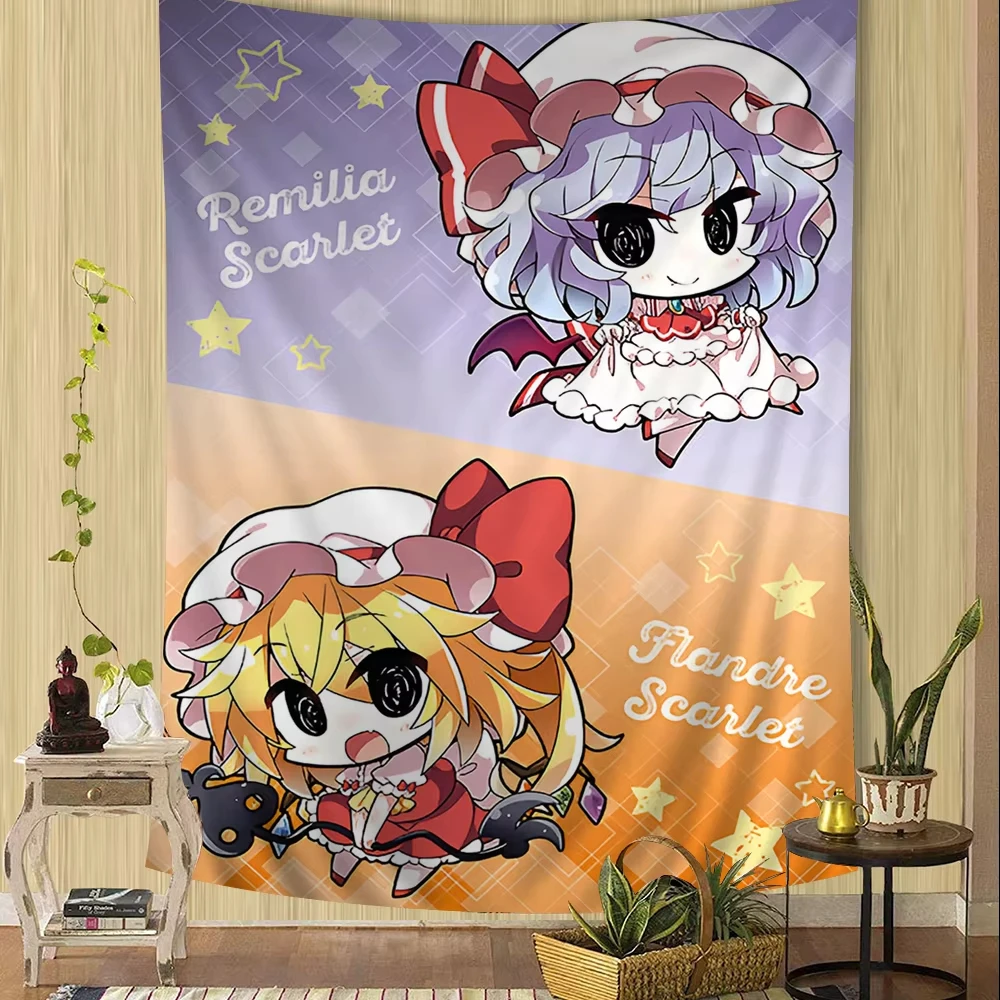 Touhou Project Five Chibi Heroines Tapestry Yellow Doujin Fair Print Anime Wall Hanging Bedroom Otaku Touhou Aesthetic Decor