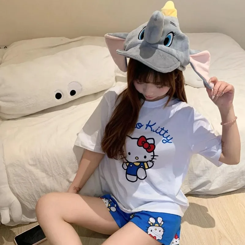 

Новые пижамы Hello Kitty, летние шорты с короткими рукавами и круглым вырезом из чистого хлопка, повседневная одежда для дома Hello Kitty из двух предметов
