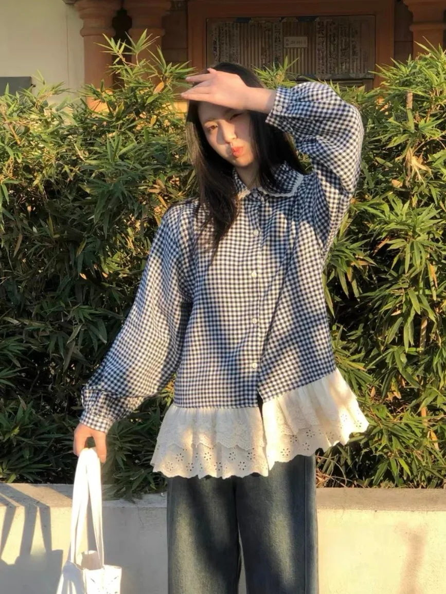 Doce coreano sle plissado xadrez solto gola de boneca feminino irt camadas topo idade-defng longo sve fibra de poliéster