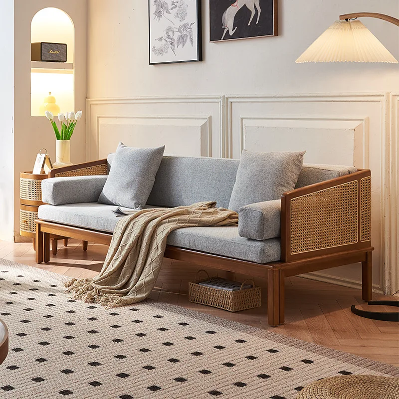 New Chinese rattan solid wood sofa bed, wabi-sabi wind living room fabric ash wood, three-person removable and washable