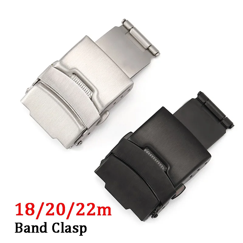 18/20/22m Stainless Steel Watchband Clasp Folding Buckle Double Press Silver Black Watch Strap Repair Accessories with Tools