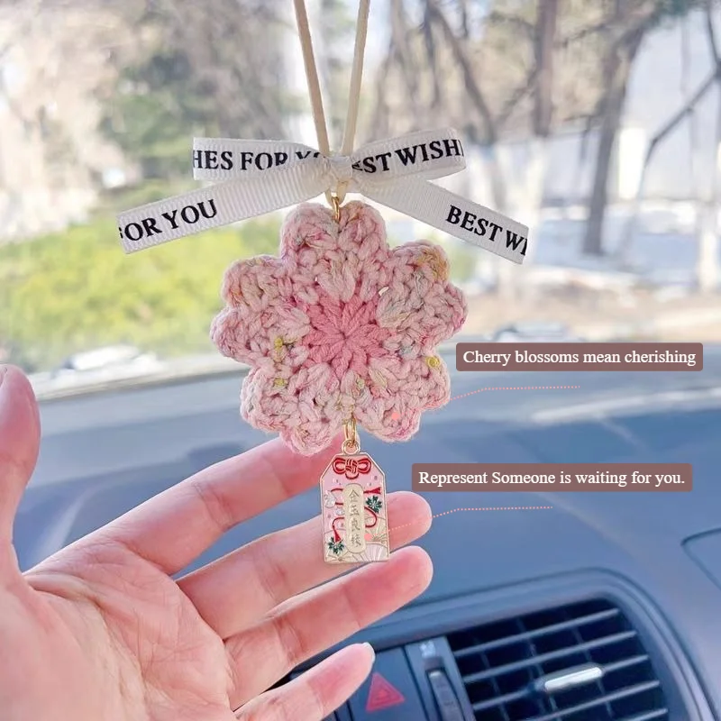 Hand-woven Pink Cherry Blossom Peach Blossom Car Rearview Mirror Car Trailer Interior Pendant Finished Goddess Gift