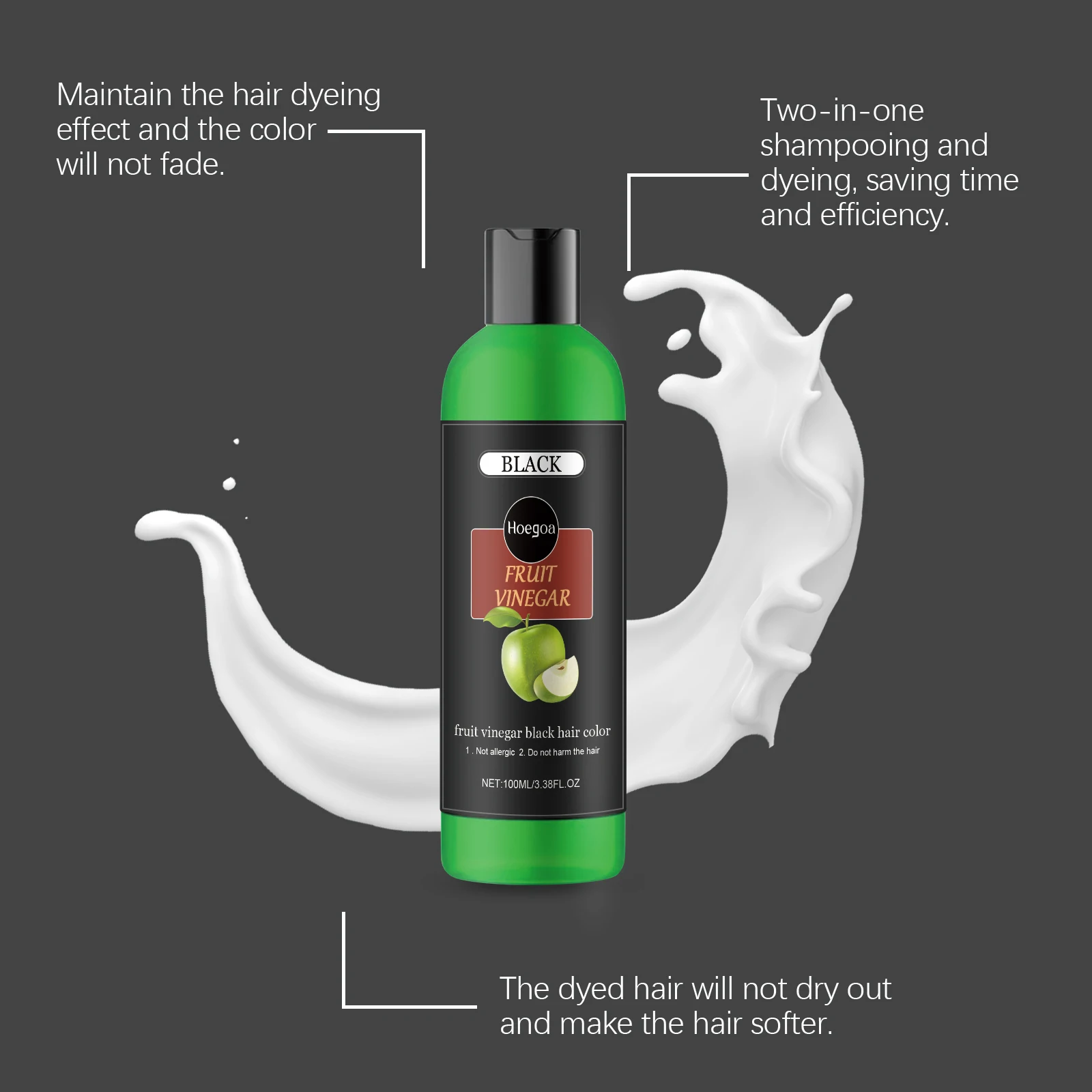 HOEGOA 100mL Fruit Vinegar Black Hair Color Refreshing Formula Strengthen Hair Multiple Care Natural Dyeing  Hair Dye Shampoo