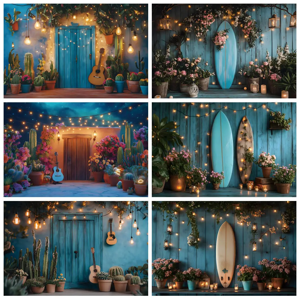 cenario-de-fotografia-de-carnaval-mexicano-porta-de-madeira-guitarra-cacto-luz-prancha-de-surf-festa-de-aniversario-infantil-decoracao-de-fundo-photozone