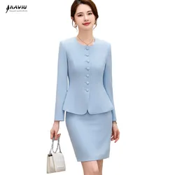 NAVIU Tow Piece Sets Womens Outifits 2024 New Officee Ladies Elegant O Neck Long Sleeve Slim Blazer Solid and Skirt Suits Blue