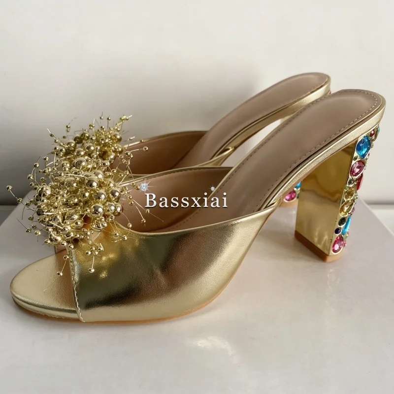 Women's Sequins Flower Embellished High Heel Sandals Colorful Rhinestone Slingbacks Summer Mules