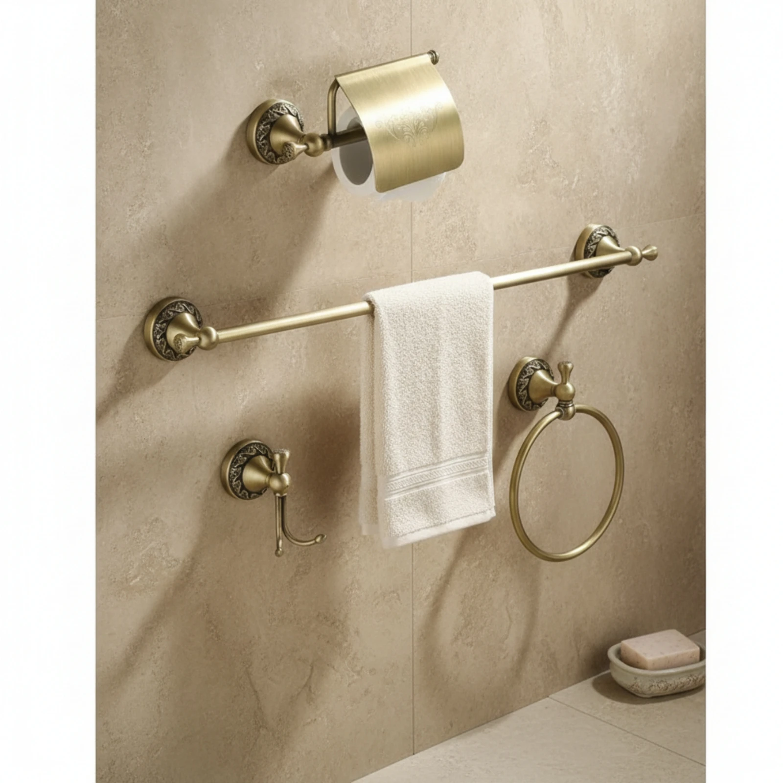 4 Pieces Bathroom Hardware Set Wall-Mounted Bathroom Tissue Dispenser Holder Towel Hoop Scratch-Resistant for Homeowners