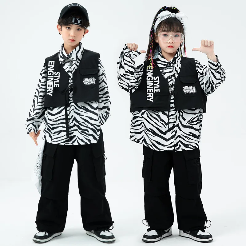 New Kids Hip Hop Dance Costume Teens Clothing Loose Black Vest Pants Long Sleeve Shirt Girls Performance Suit Boys Rave Clothes