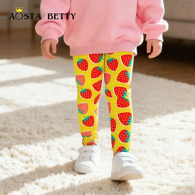 Strawberry Print Toddler Leggings Girls Autumn Pants European American Fashion Style Elastic Waist Comfortable Kids Wear