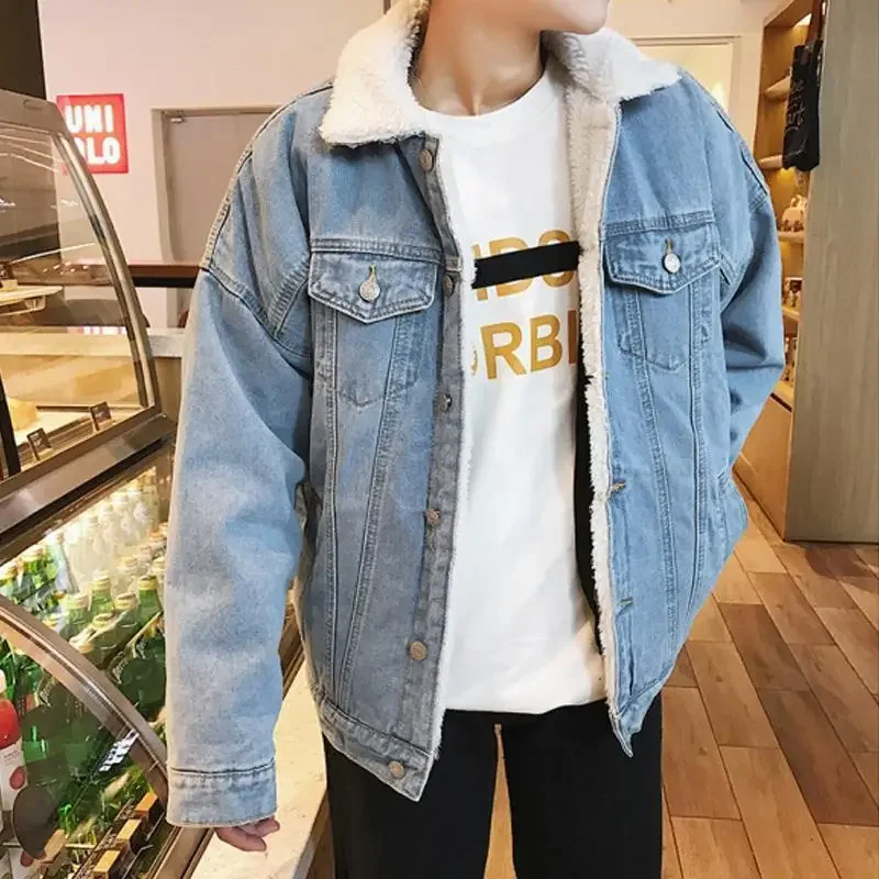 

Men Jean Jacket Thicken Lamb Cashmere Lining Solid Color Coldproof Outerwear Winter Single Breasted Denim Coat Streetwear