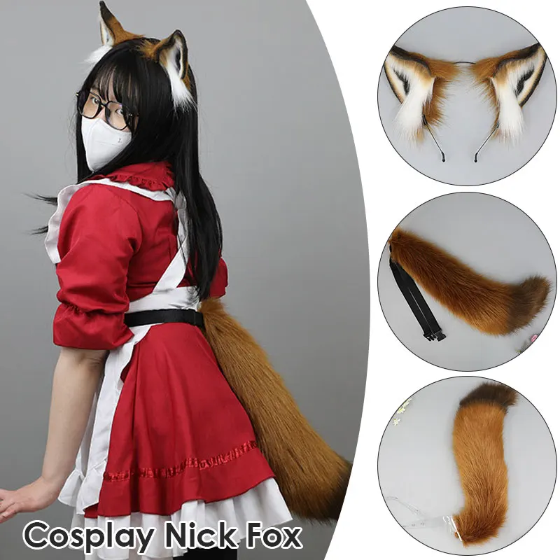 

Women Nick Fox Ears Headdress Long Fluffy Fox Tail Adjustable Furry Role Play Anime Performance Cosplay Costume Cute