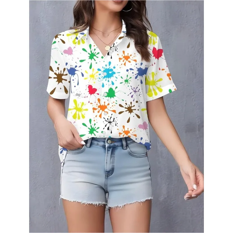 Women Lapel Short Sleeve Shirt Floral Heart Star Pattern Red Yellow Blue Green Lively Bright Fashion Versatile Button Front