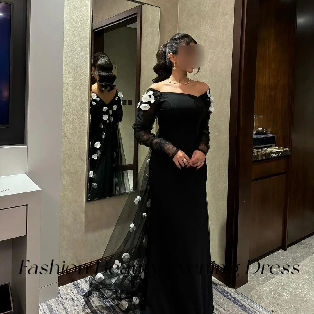 Fashion Beauty Black Evening Dresses Off Shoulder Applique A Line Floor-Length Formal Party Dress For Women 2024 فساتين السهرة