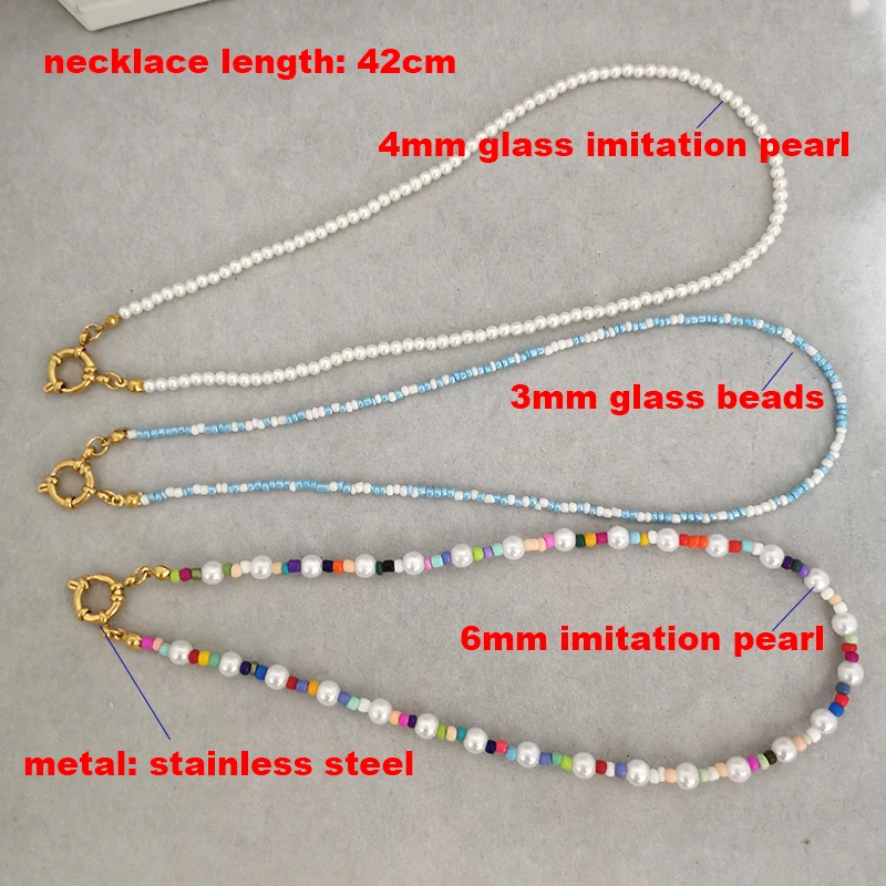 QMHJE Imitation Pearl Necklace Women Choker Seed Beads Rainbow Stainless Steel Clasp Sailor Buckle Base Chain Gold Color Boho