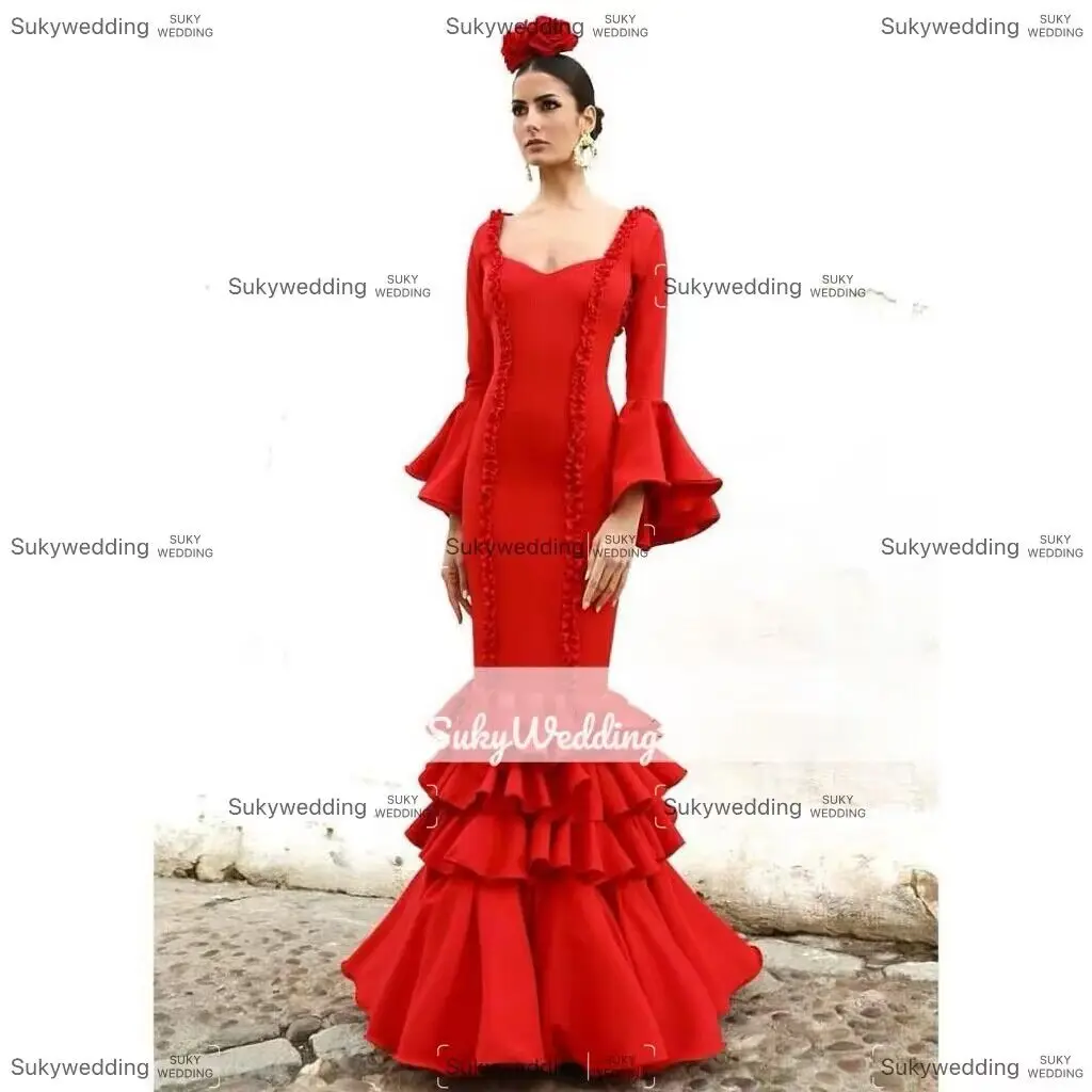 Vestido de fiesta de flamenco rojo, vestido de baile para mujer, vestidos de fiesta de manga larga con volantes cuadrados, vestidos para ocasiones formales personalizados