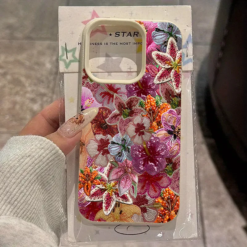 Luxurious Beaded Flower Lychee Texture Phone Case For iPhone 17 16 15 14 13 12 11 Pro Max 14 15 Plus 17Air Silicone Soft Cover