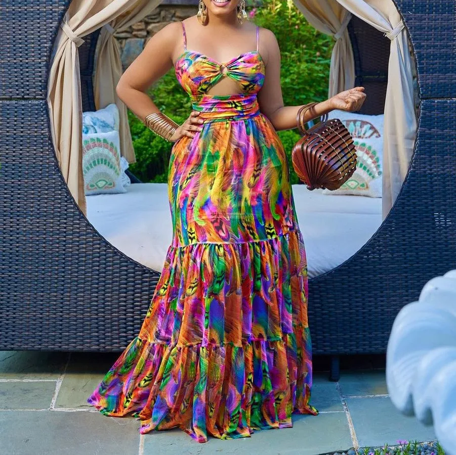 Summer Women's Clothing Sleeveless Printed Maxi Dress For Elegant Evening Sexy Outfits Polyester High Waist Long