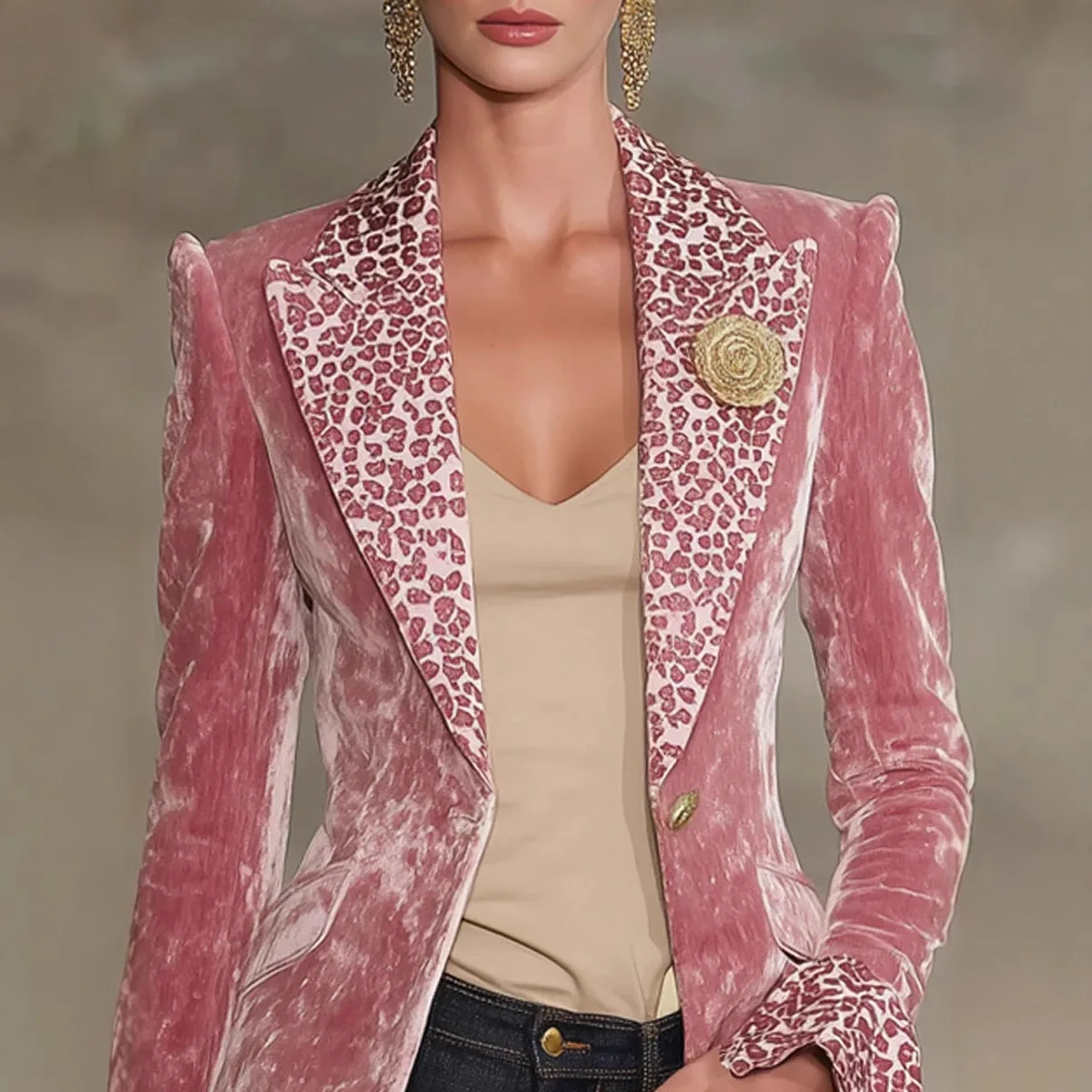 Femmes velours Blazer imprimé léopard revers manchette simple bouton costume veste élégant manteau d'extérieur femme printemps/automne hauts à la mode