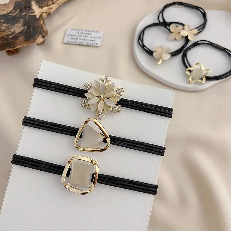 Opal Metal Elegant Hair Tie Rope Four-Leaf Clover Snowflake Star Elastic Hair Rubber Band Ponytail Holder For Women Girls