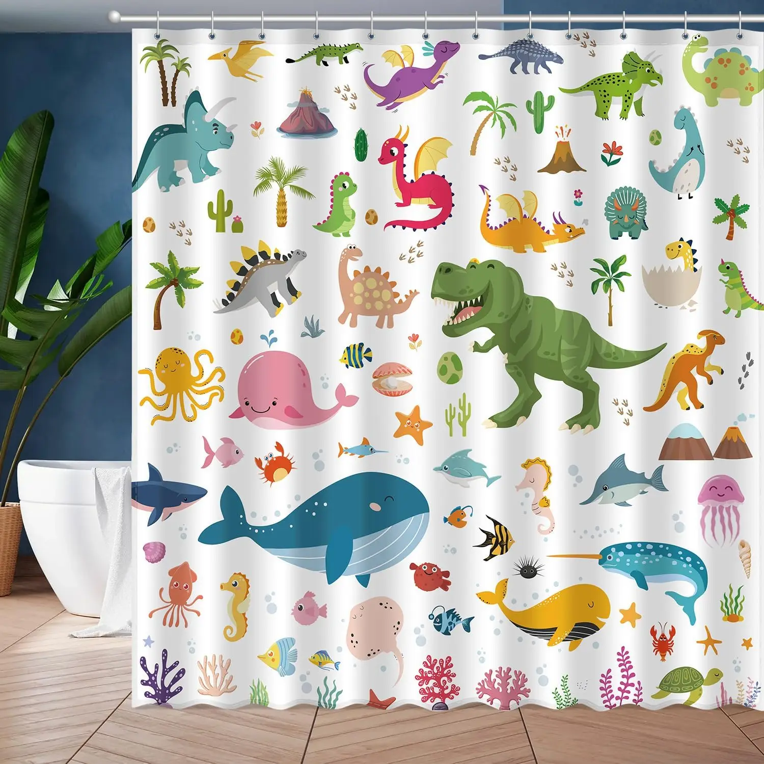 

Kids Bathroom Ocean Shower Curtain, Funny Cartoon Dinosaur and Undersea Whale Shower Curtain Set with 12 Hooks, Home Decor