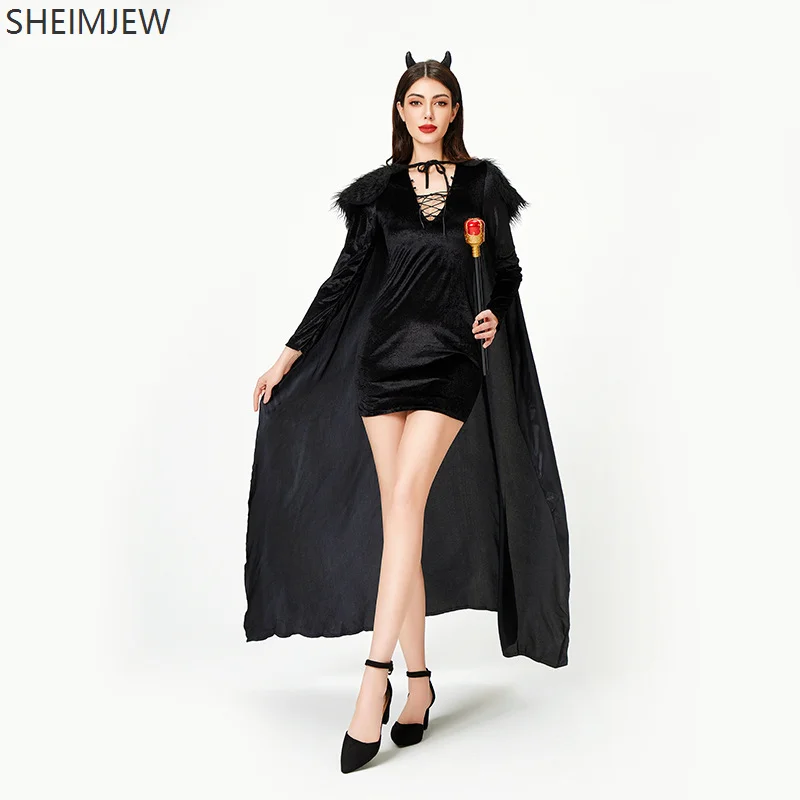 

Halloween Costume Adult Female Vampire Queen Stage Party Performance Dress Ladies Cosplay Witch Costume Demon Fluffy Shawl 2025