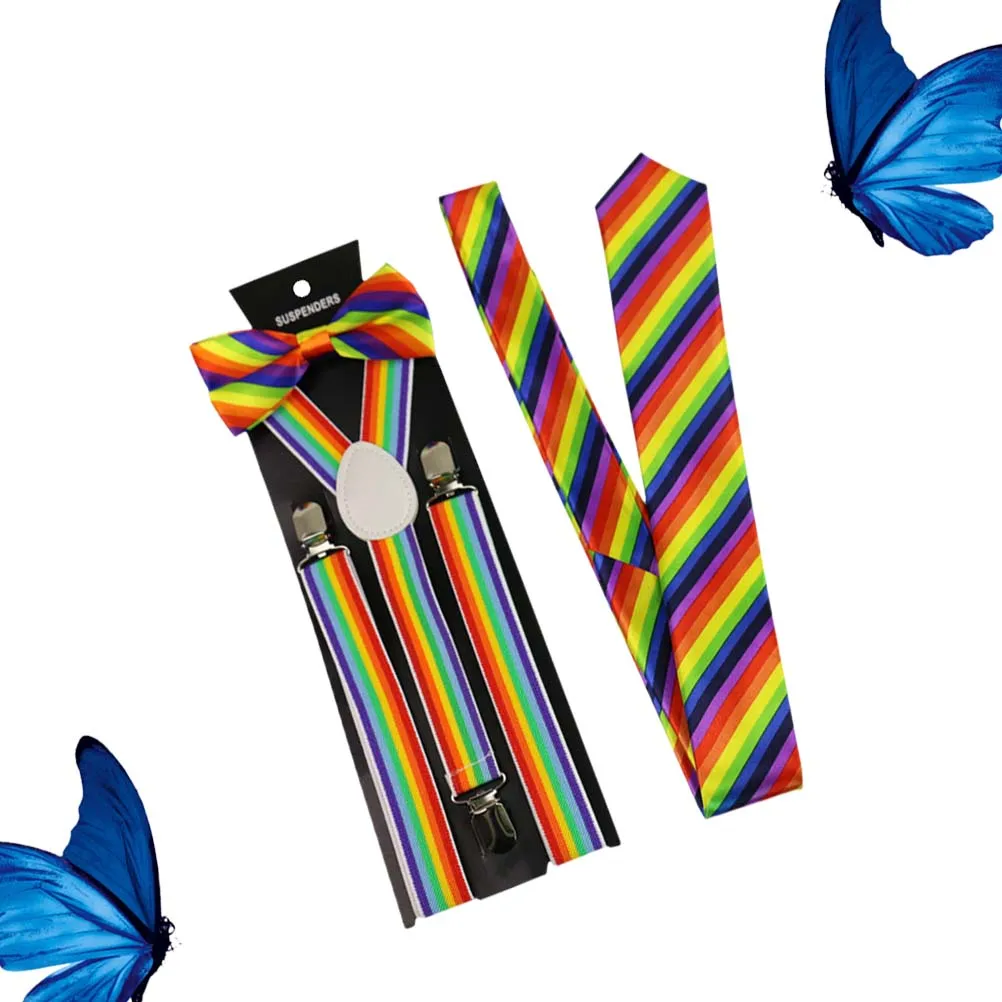 

3Pcs Rainbow Stripe Suspenders Bow Tie Set Elastic Adjustable Colorful Durable Comfortable Secure Pants for Party Use