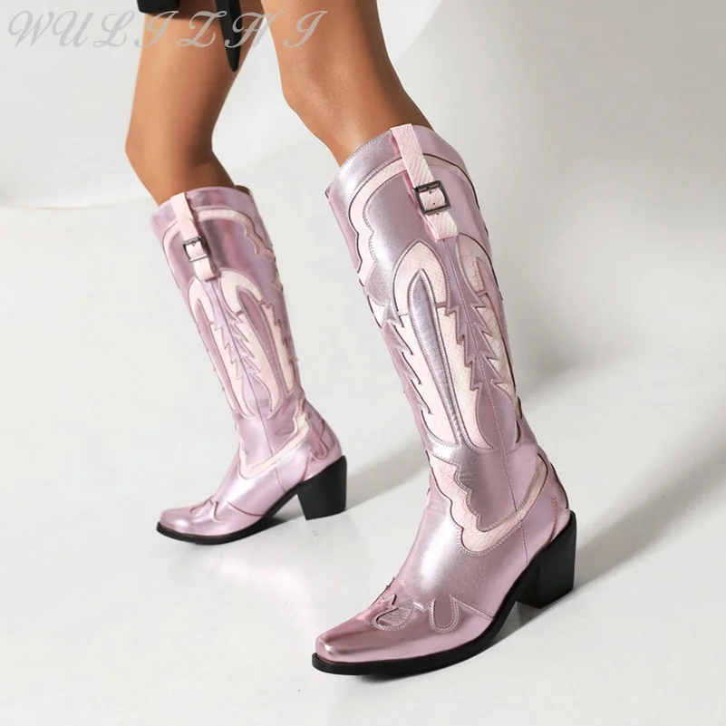 Pink High Heel Western Cowboy Boots Women's Sweet Belt Buckle ​​pattern Knee High Boots Elegant Pointed Toe Dress Shoes Ladies