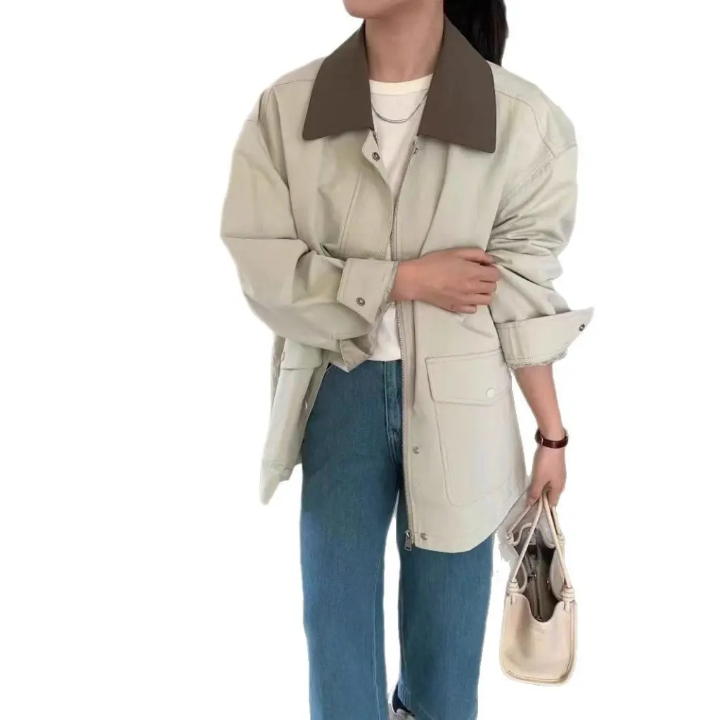 

Spring Treng Contrast Lapel Coat Casual Korean Style Loose College Style Jacket New Top for Women