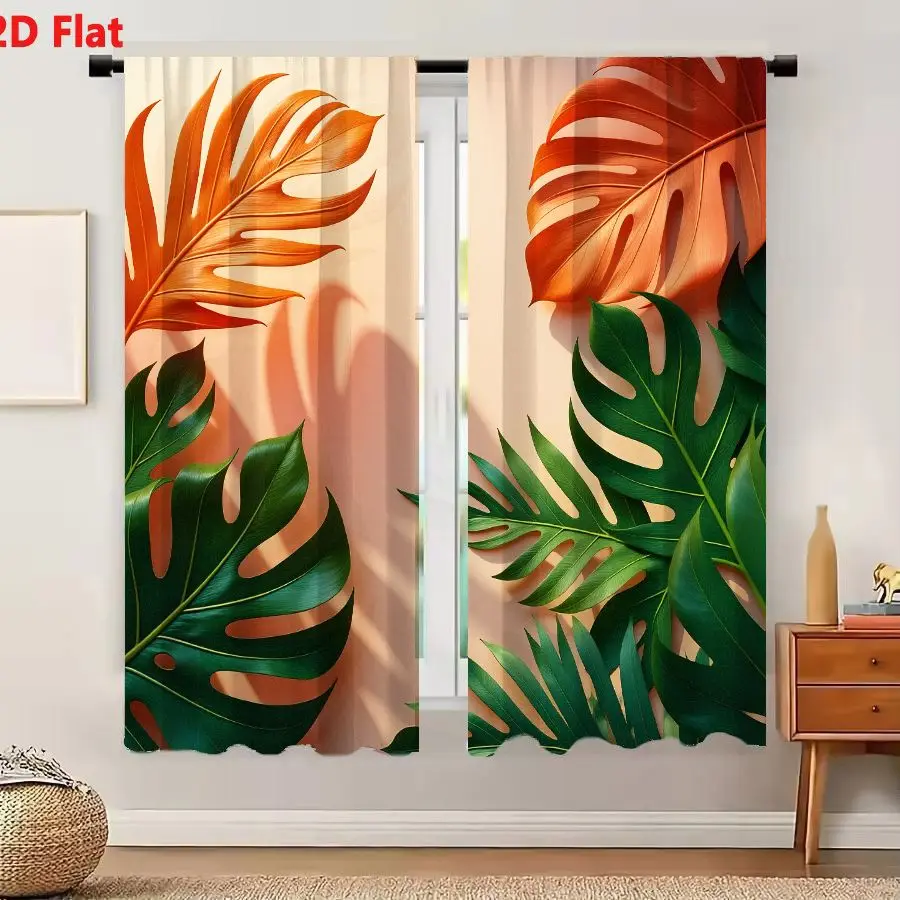 2Pcs Curtains Add 2D Flat Tropical Leaves Composition With Warm Orange And Lush Green Foliage On Peach Background Window Drapes