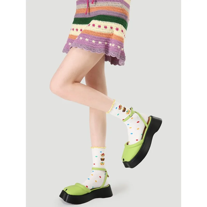 【5 Pairs】Medium Tube Socks Women's Spring Cute Girl Style Bow Bear Combed Cotton Student