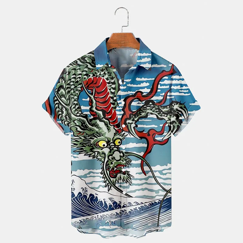 Summer Casual Hawaiian Men\'s Shirt Tattoo Retro Shark Sea Sail Print Short Sleeve Shirt Retro Street Men\'s Lapel Button Shirt