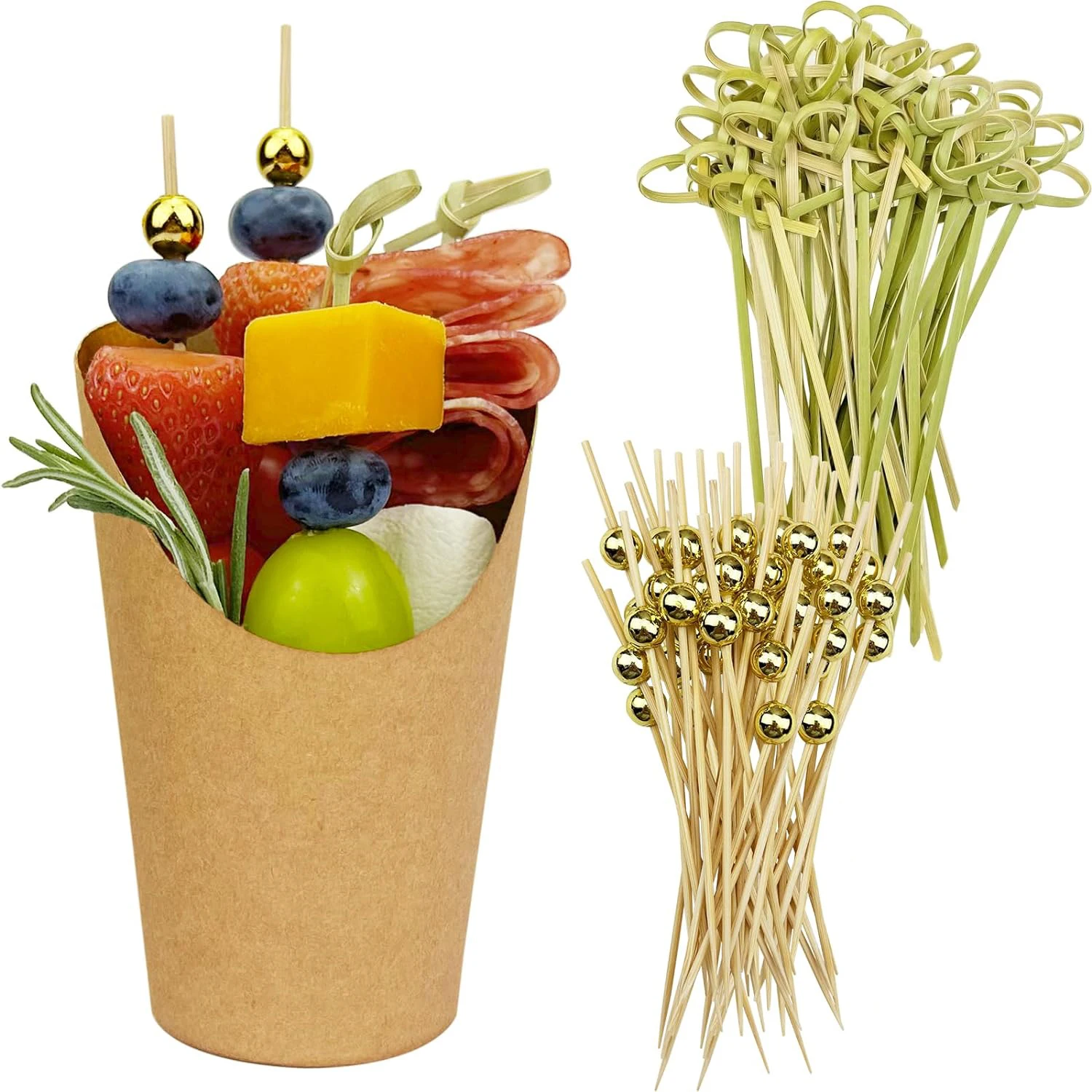 

[50 Cups + 200 Picks] 14 oz Disposable Charcuterie Cups with Sticks French Fry Cups Brown Paper Appetizer Cups for all Occasion