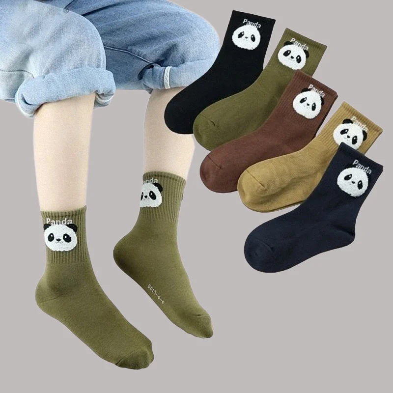 

5/10 Pairs New Fashion Women's Thick Cartoon Cotton Socks Panda Middle Tube Socks Combed Boneless Children's Student Style Socks