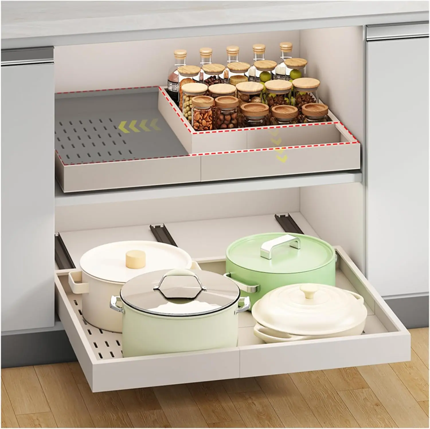 

Expandable Pull Out Cabinet Organizer, Adjustable Slide Out Drawers for Kitchen Pantry, White