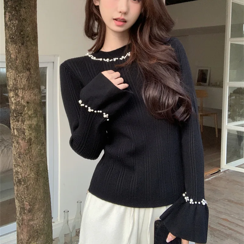 Autumn Winter Pearl Knitted Sweater Women's Slim Fit Long Sleeve round Neck Elegant Atmosphere Feeling Bell Sleeve T-Shirt view 3