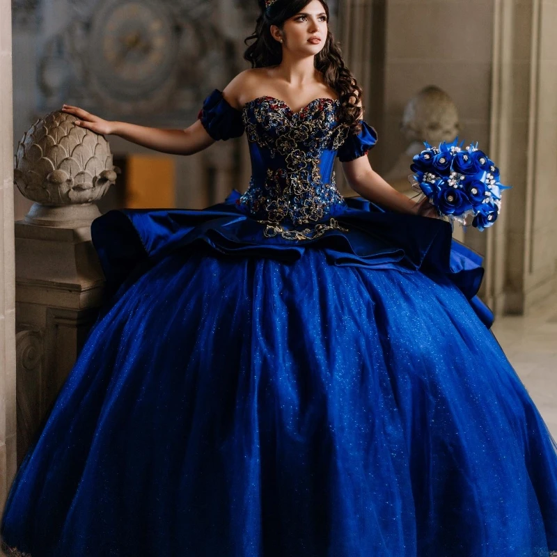 Blue Glitter Off The Shoulder Ball Gown Quinceanera Dresses Sweet 16 Princess Applique Lace Beads Prom Gowns Vestidos De 15 Años