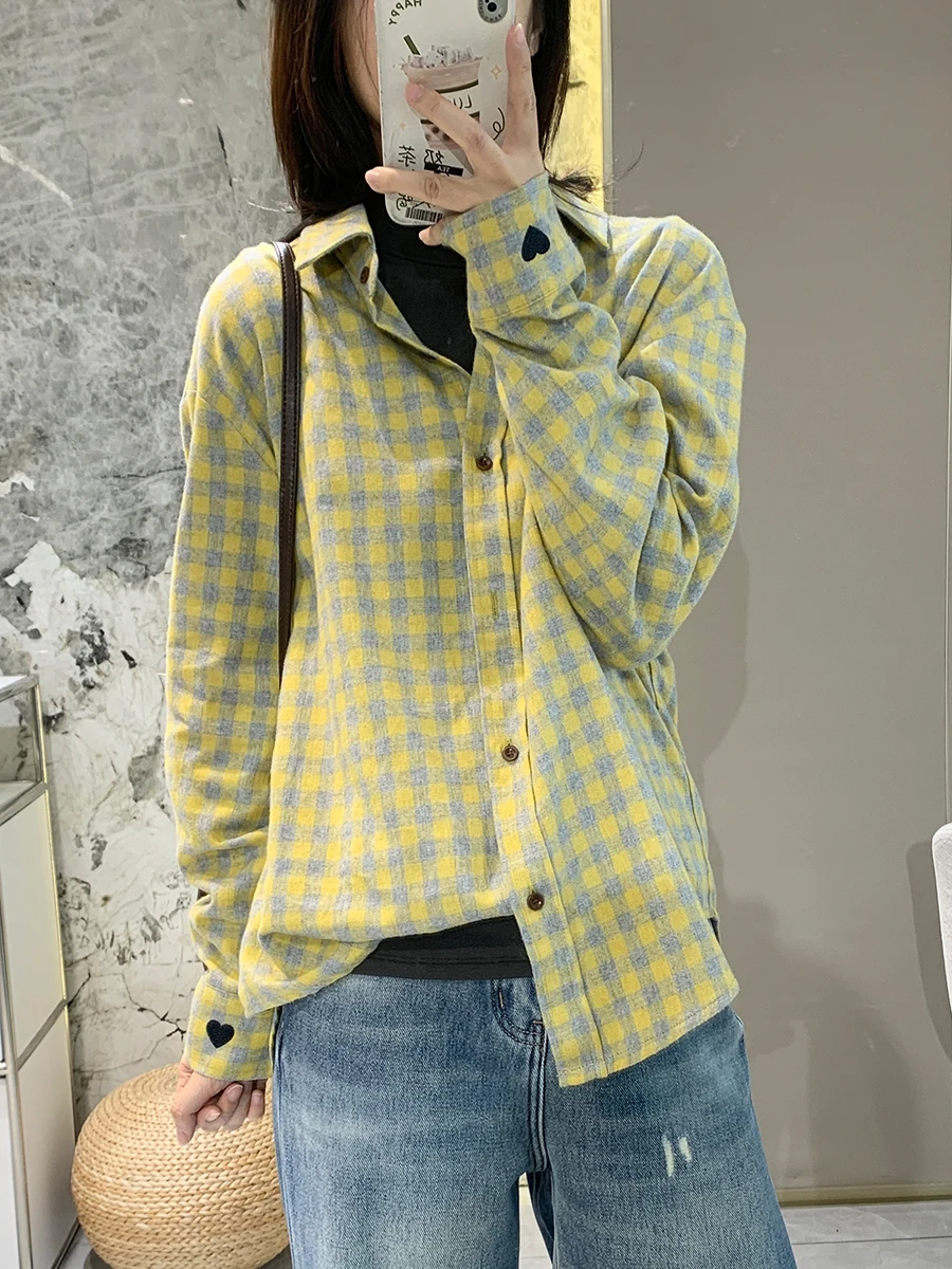 

Корейская женская рубашка в клетку с длинными рукавами, свободного кроя, из чистого хлопка, дышащая, зимняя, двухслойная, с вышивкой в виде сердца