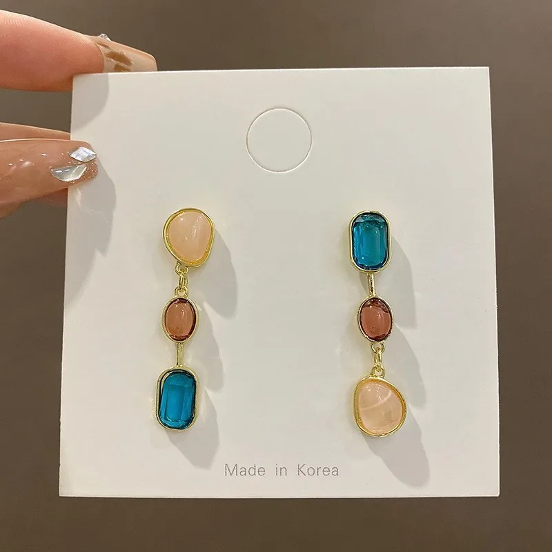 Romantic Soft Drop Earrings Gold Plated Pastel Tri Tone Crystal Stone Dangles for Women Date Night Wedding Party Wear Jewelry