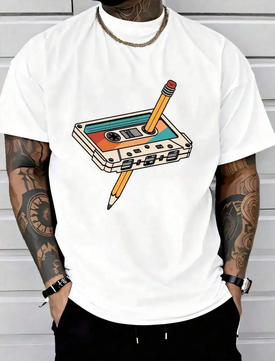 1pc Man S' Cassette Pencil Print Black TShirt Crew Neck Casual Cotton Tee Medium Stretch Knit Fabric Regular Fit For Boys Man Pe