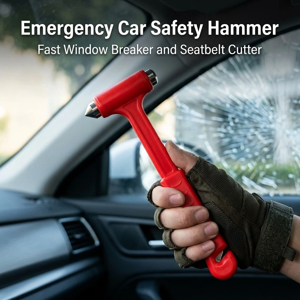 Drivers Car Emergency Safety Hammer Long Handle Solid Steel Window Breaker Seat Belt Cutter for Vehicle Escape Tool Durable