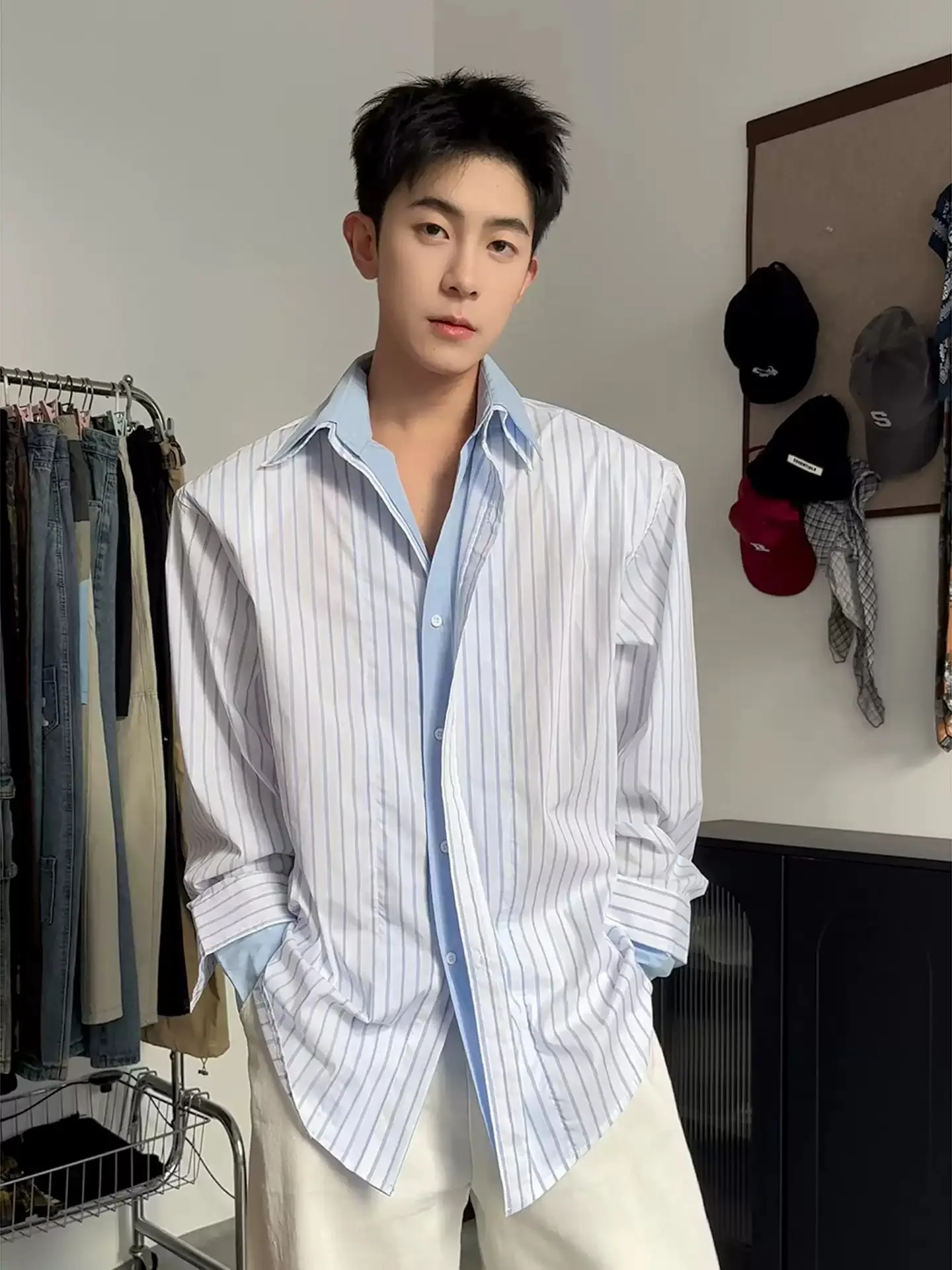 

Мужская осенняя рубашка в японском стиле с полосками, имитация двухслойности, с длинным рукавом, воротником и воротником-стойкой, в университетском стиле