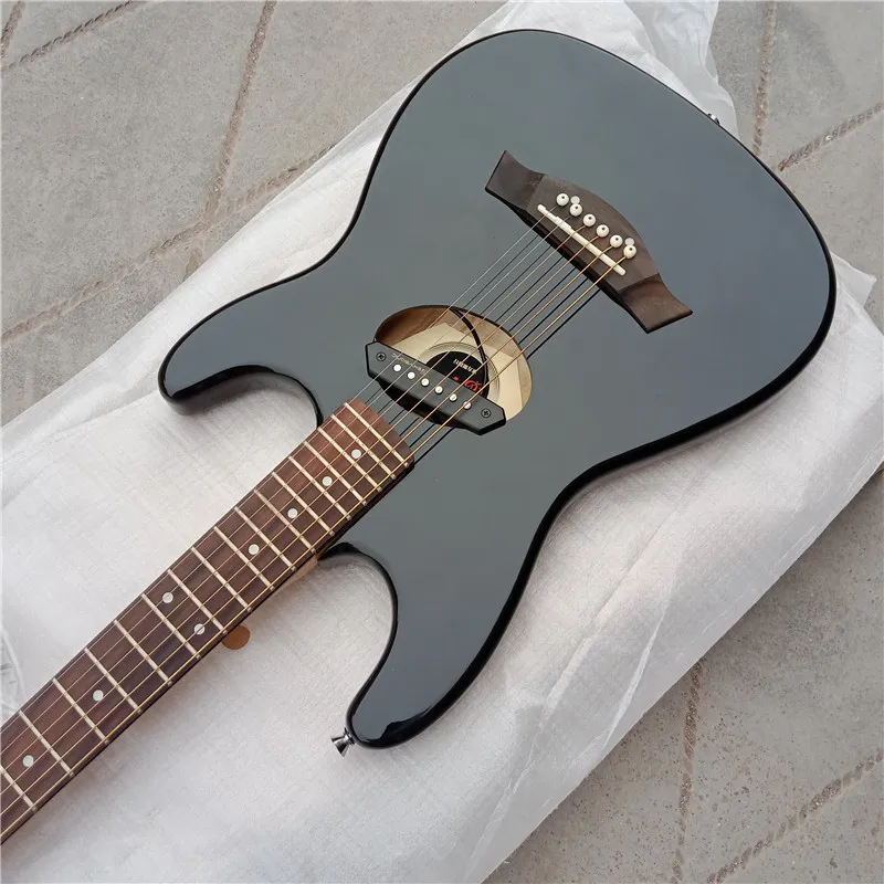 Semi-hollow Acoustic Electric Guitar, Fortune Paulownia Wood Body Black Install Pickup BJ-271