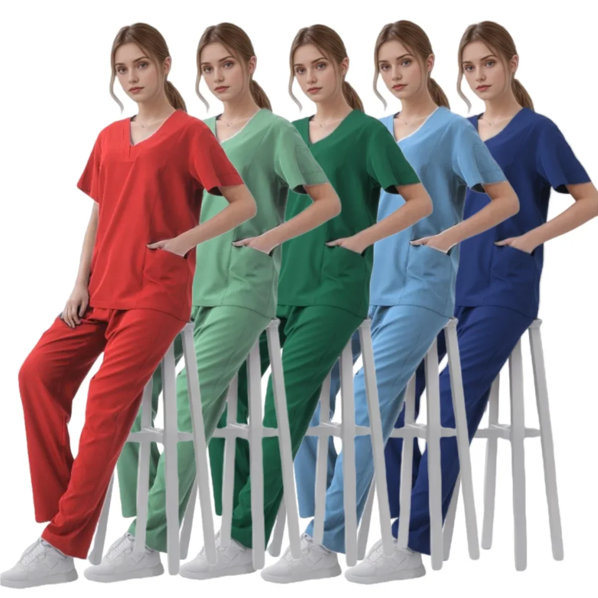 

New Arrival Custom Women Nursing Scrub Straight Leg Pants Set Hospital Doctor Sets Women Stylish Slim Fit Hospital Scrub Uniform