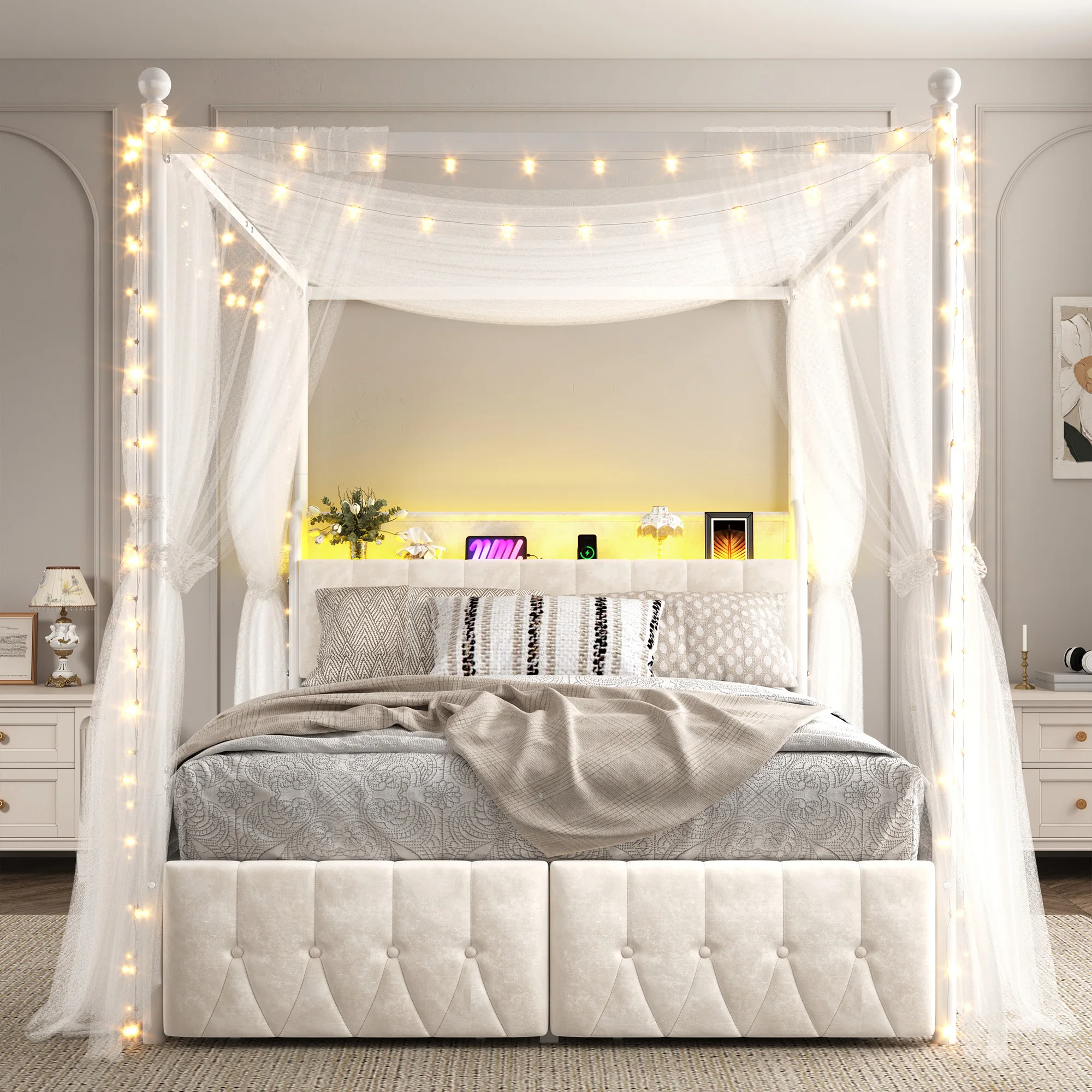 EnHomee Canopy Bed Frame with LED Lights & Charging Station, Two-Use Velvet Bed with 2 Drawers and Storage Upholstered Headboard,4 Removable Posts,Heavy Duty,Easy Assembly